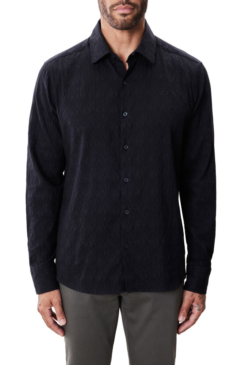 Calyx Black Puckered Stretch Cotton Blend Button-Up Shirt, Main, color, BLACK