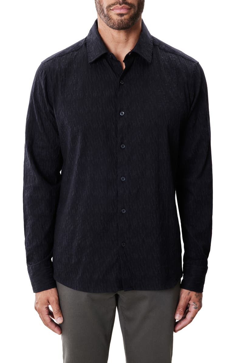 Robert Barakett Calyx Black Puckered Stretch Cotton Blend Button-Up Shirt, Main, color, Black