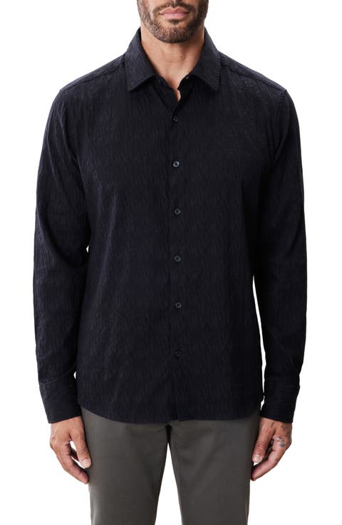 Calyx Black Puckered Stretch Cotton Blend Button-Up Shirt