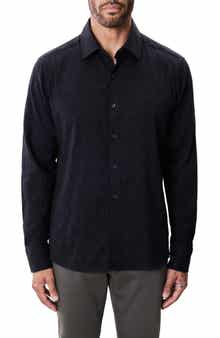 Robert Barakett Calyx Black Puckered Stretch Cotton Blend Button-Up Shirt