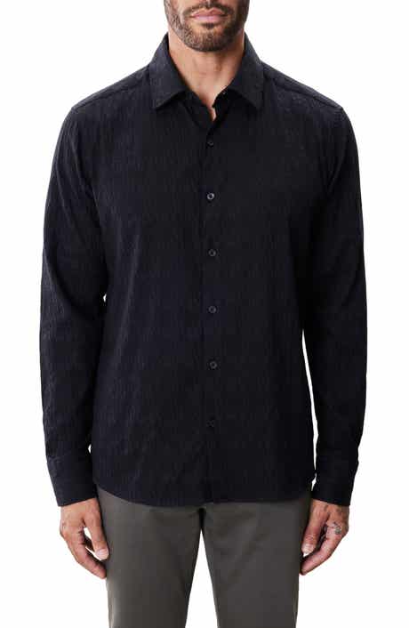 Robert Barakett Calyx Black Puckered Stretch Cotton Blend Button-Up Shirt