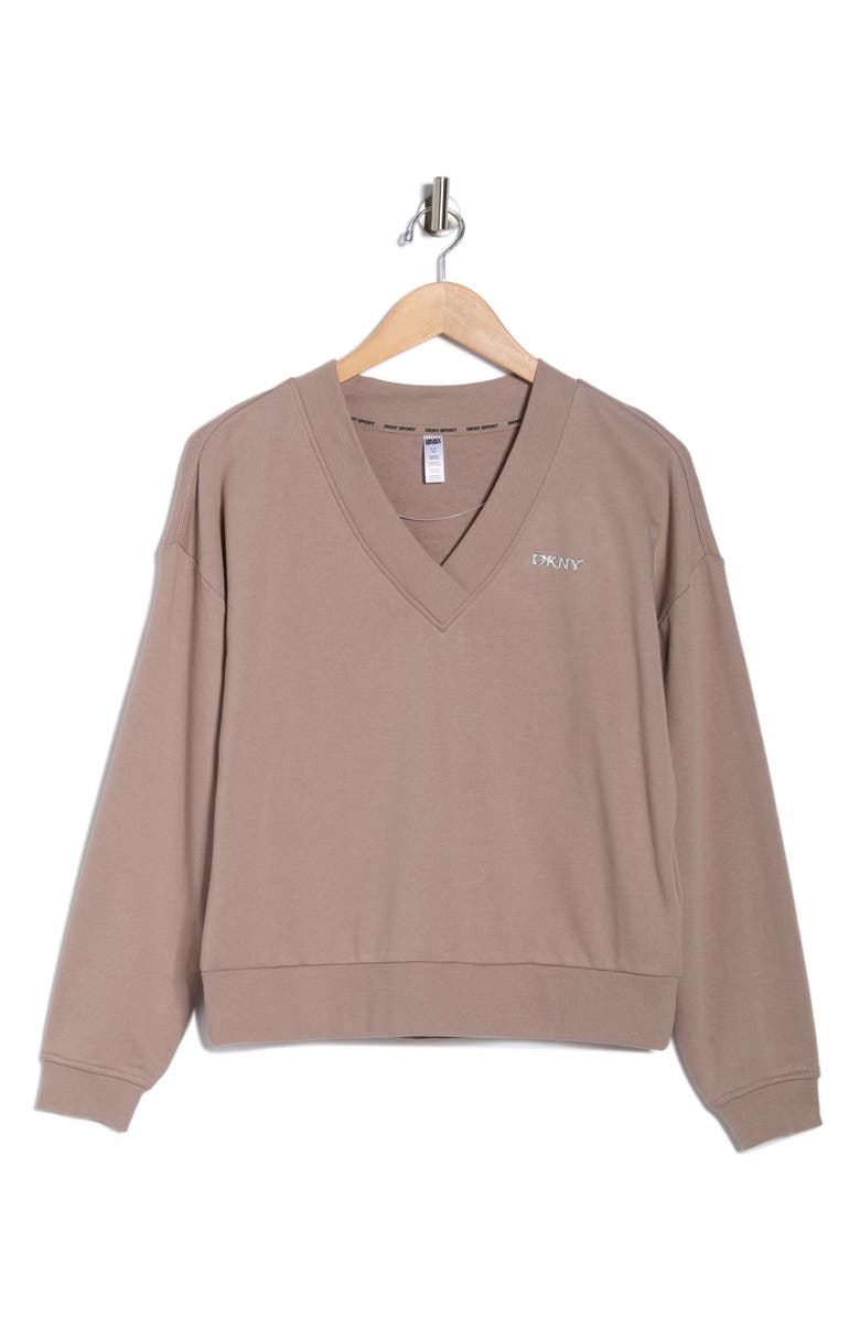 DKNY Metallic Logo V-Neck French Terry Sweatshirt, Main, color, Mushroom