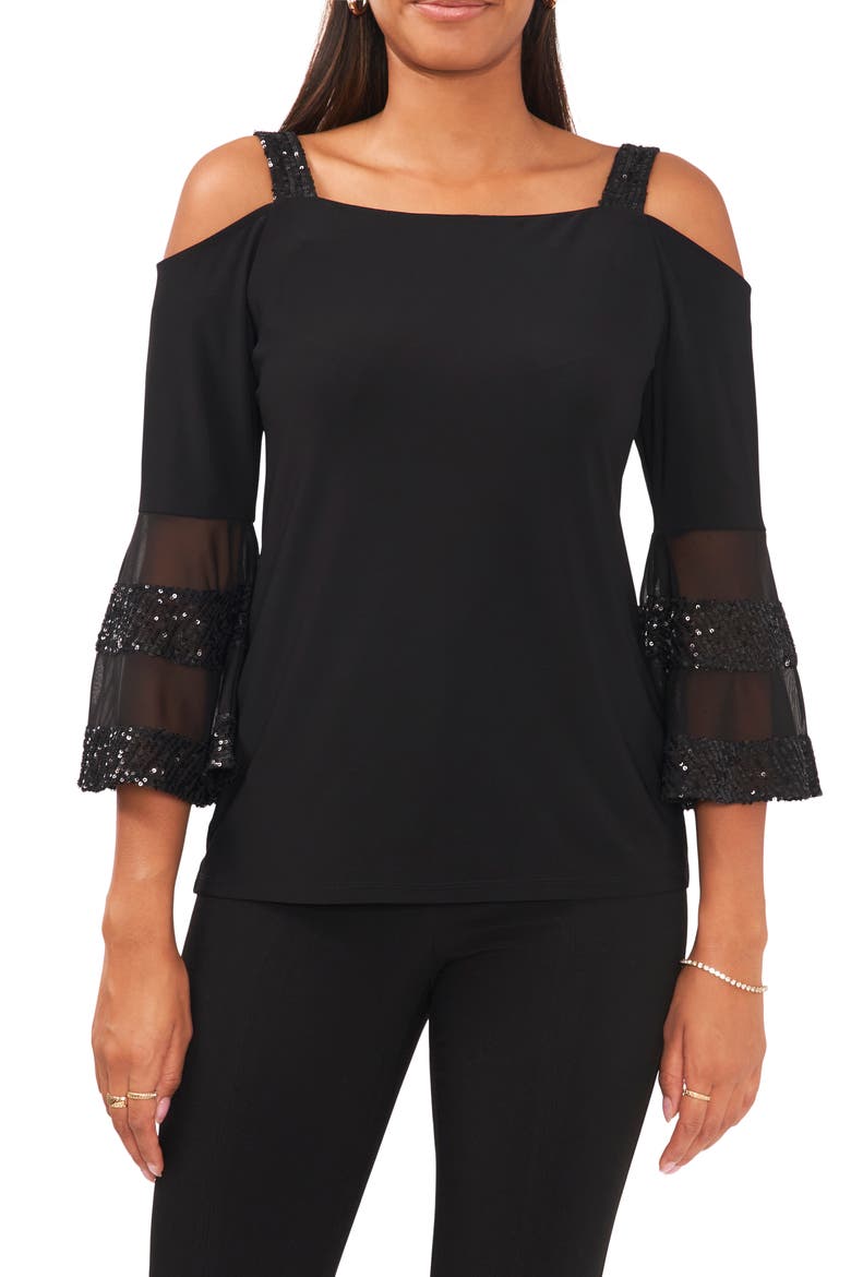 Cold Shoulder Bell Sleeve Top, Main, color, BLACK/GUNMETAL
