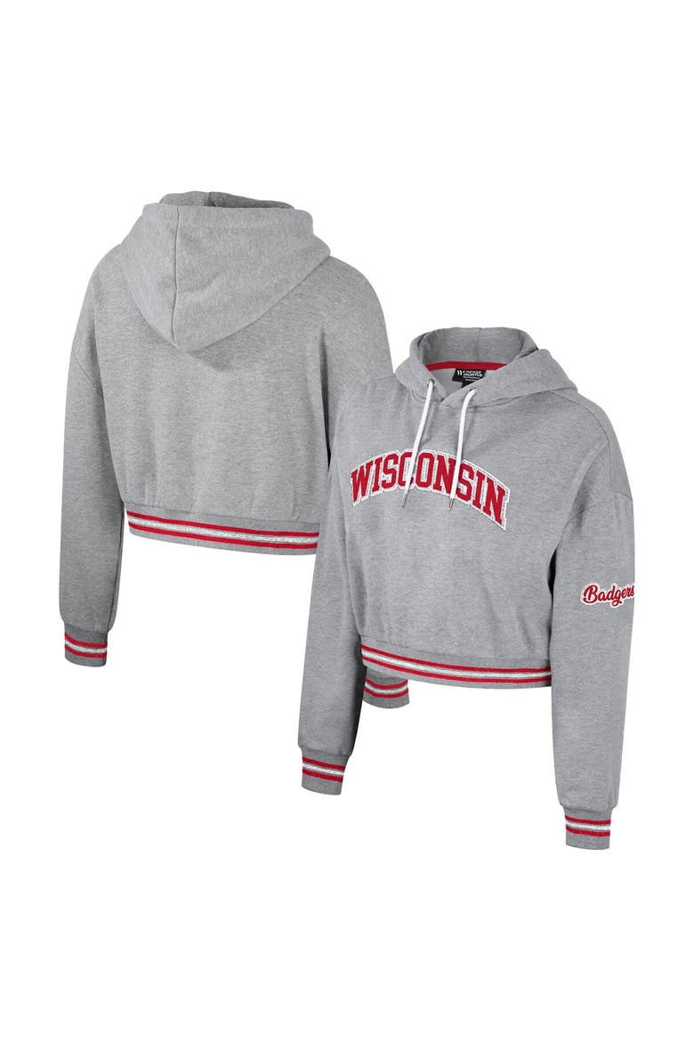 Women's The Wild Collective Heather Gray Wisconsin Badgers Cropped Shimmer Pullover Hoodie, Main, color, Heather Gray