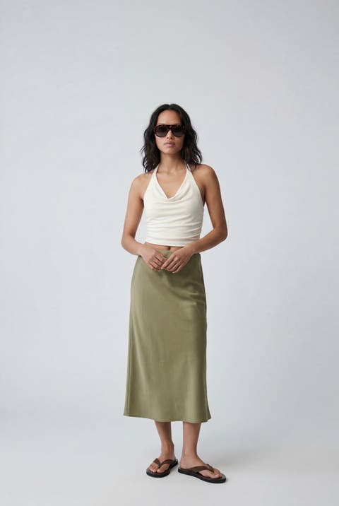 Elastic Waist Satin Midi Skirt