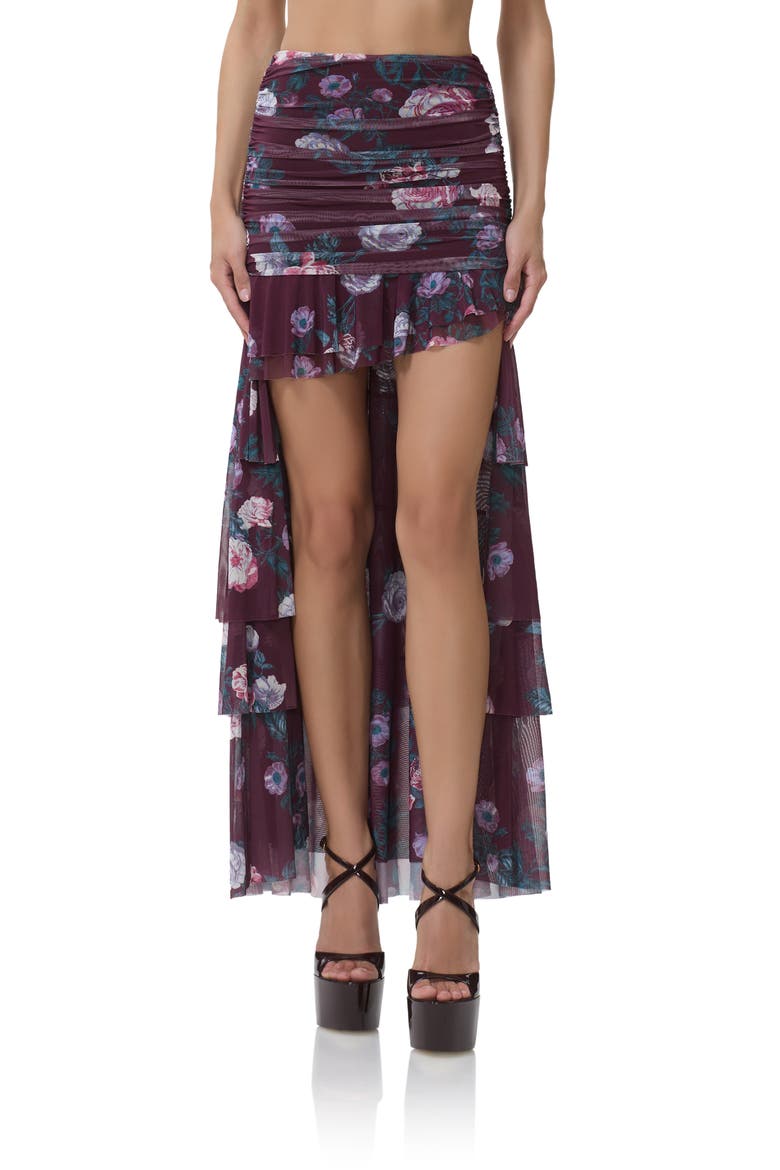 Zarin Floral High-Low Mesh Skirt, Main, color, CABERNET BOUQUET