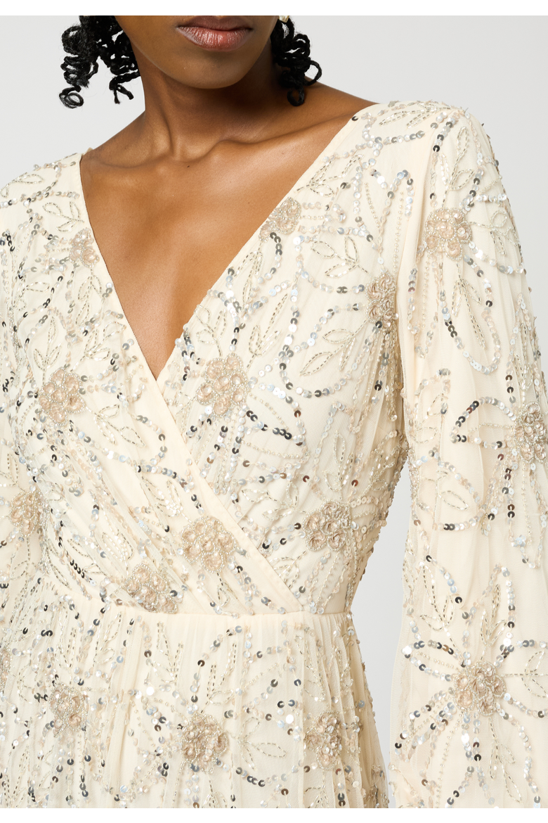 Embellished Sequin Beaded Maxi Dress with cuff sleeves, Alternate, color, CREAM