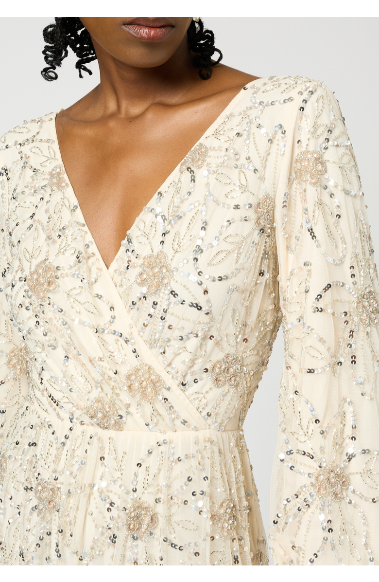 BEAUUT Embellished Sequin Beaded Maxi Dress with cuff sleeves, Alternate, color, Cream