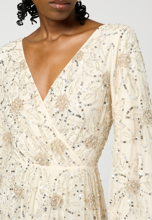 Beauut Embellished Sequin Beaded Maxi Dress With Cuff Sleeves In Neutral