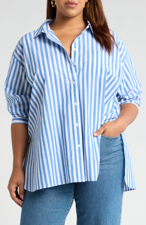 The Plus Signature Poplin Oversize Button-Up Shirt in Springy Stripe (Plus Size)
