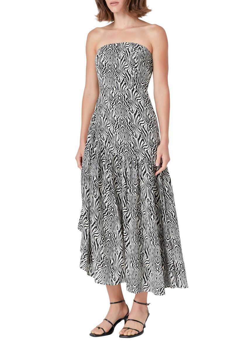 Strapless Asymmetric Hem Cotton Maxi Dress, Alternate, color, IVORY/ BLACK