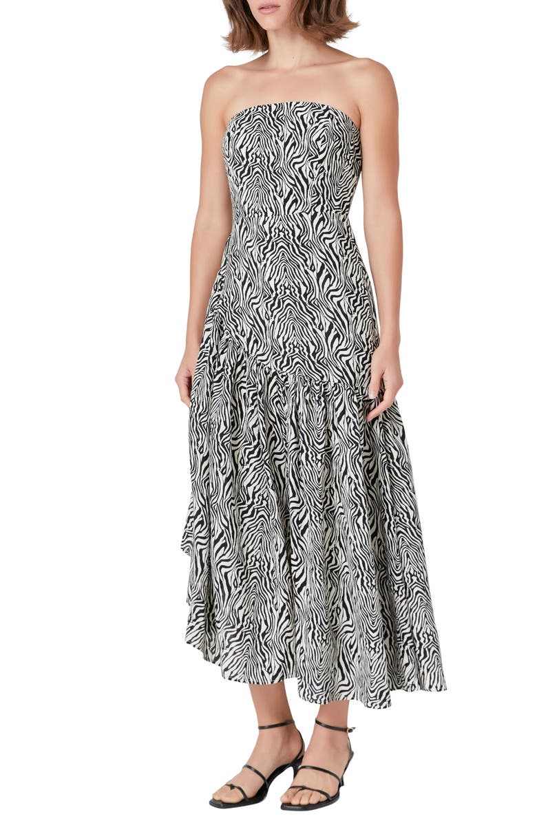 Endless Rose Strapless Asymmetric Hem Cotton Maxi Dress, Alternate, color, Ivory/ Black