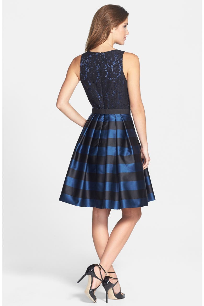 Lace Bodice Stripe Fit & Flare Dress, Alternate, color, NAVY/ BLACK