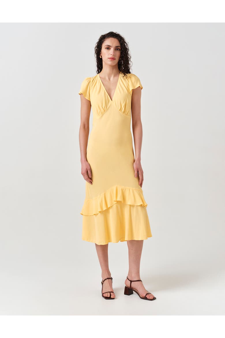Corinne Frill Crepe Midi Dress, Main, color, Yellow