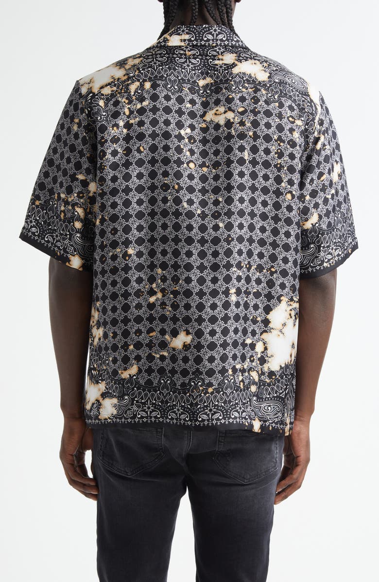 AMIRI Bleach Splatter Bandana Silk Bowling Shirt, Alternate, color, Black