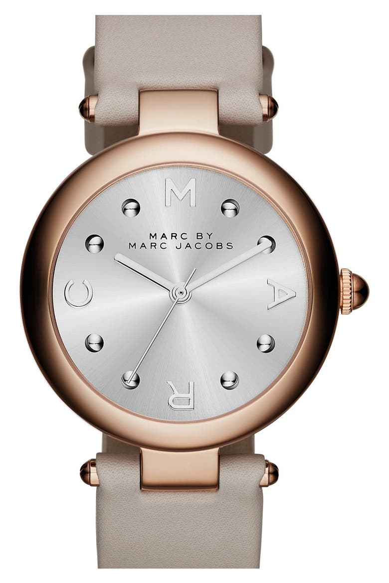 'Dotty' Leather Strap Watch, 34mm, Main, color, GREY/ SILVER/ ROSE GOLD