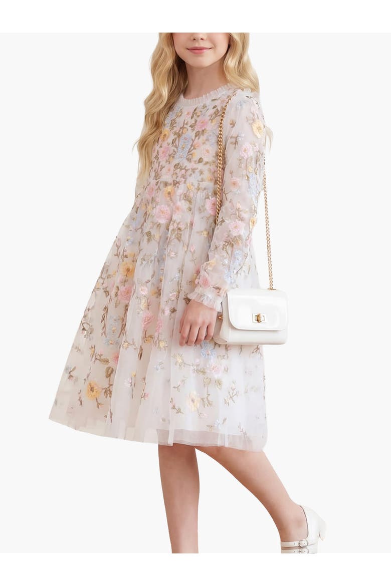 Garden Long Sleeve Dress, Main, color, Swan White/Pastel Blue