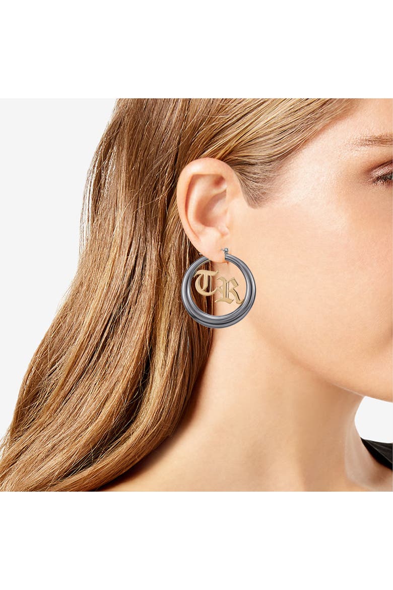 TR Logo Hoop Earrings, Alternate, color, Black Tone