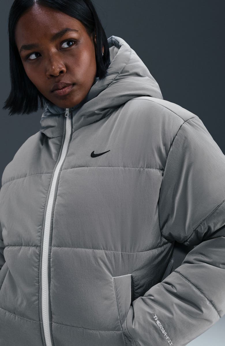 Nike Sportswear Therma-FIT Water Resistant Hooded Puffer Jacket, Alternate, color, Grey/ Black