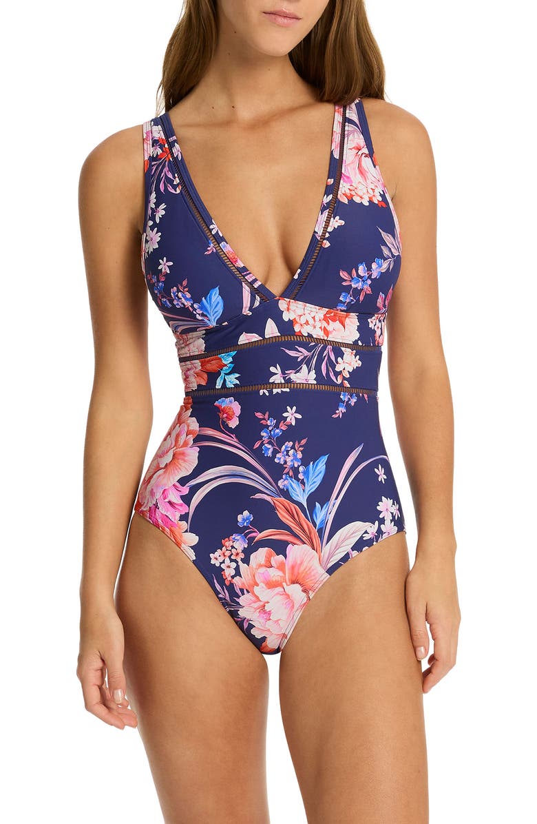 Sea Level Indochine Ladder Cutout One-Piece Swimsuit, Main, color, French Navy