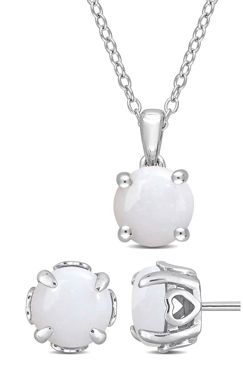 Sterling Silver Solitaire Opal Stud Earrings & Necklace, Main, color, WHITE