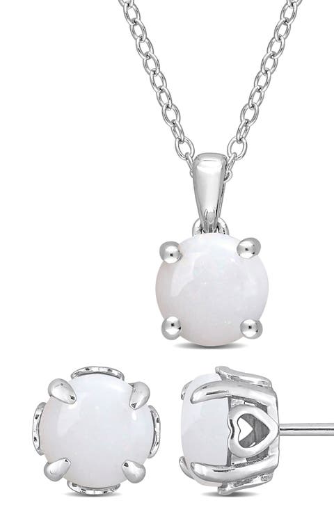 Sterling Silver Solitaire Opal Stud Earrings & Necklace