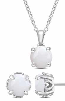 DELMAR Sterling Silver Solitaire Opal Stud Earrings & Necklace