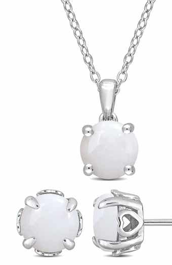 Sterling Silver Solitaire Opal Stud Earrings & Necklace