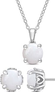 DELMAR Sterling Silver Solitaire Opal Stud Earrings & Necklace
