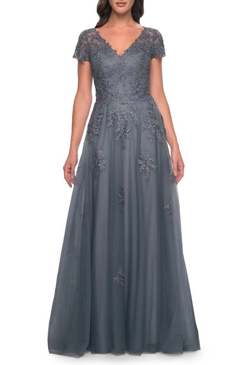 La Femme A-line Tulle Gown With Lace Applique And Short Sleeves In Slate Blue
