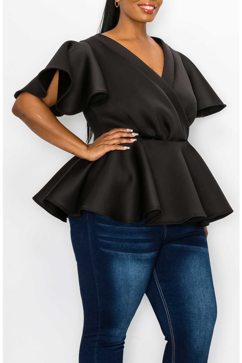 Siobhan Flutter Sleeve Scuba Knit Peplum Top, Alternate, color, BLACK