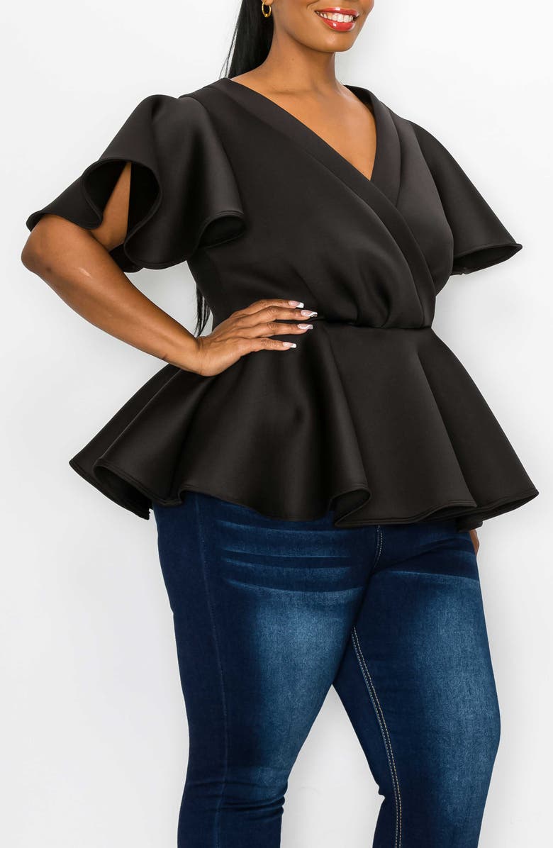 L I V D Siobhan Flutter Sleeve Scuba Knit Peplum Top, Alternate, color, Black