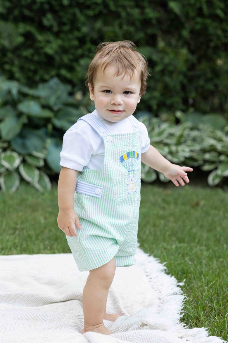 Seersucker Shortall With Parachute Bear, Alternate, color, Green/Blue
