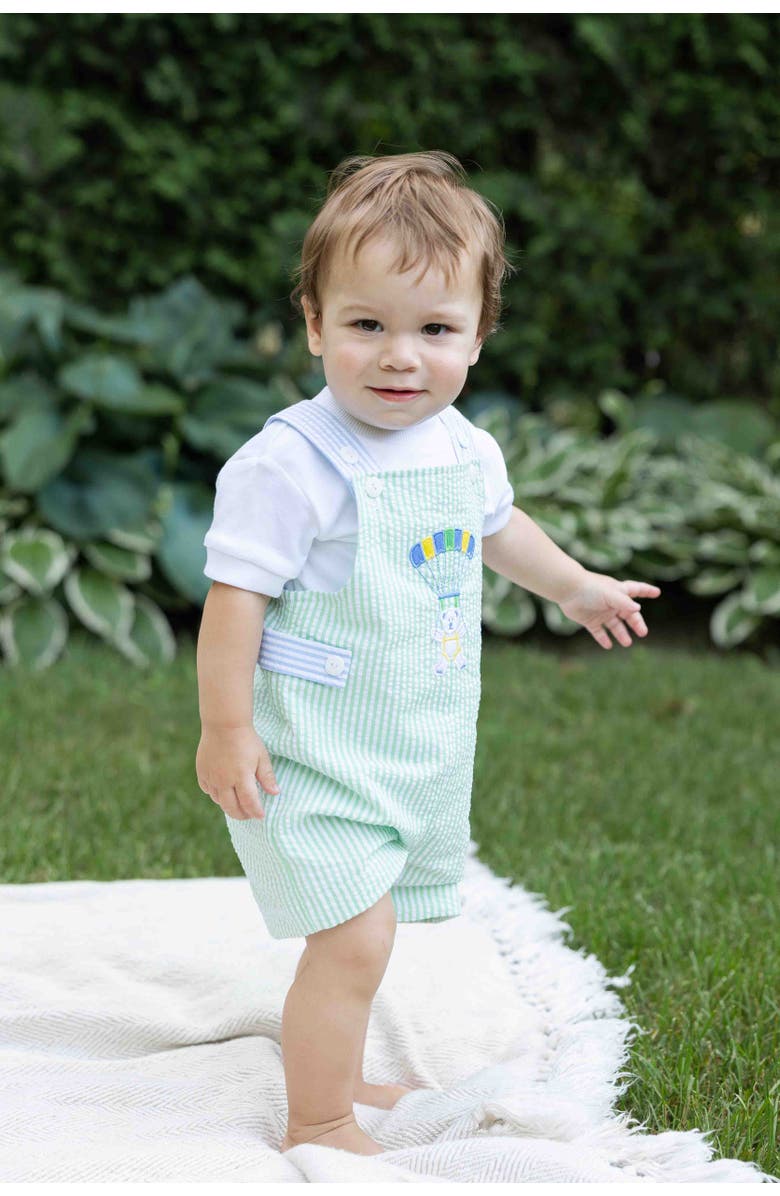 Florence Eiseman Seersucker Shortall With Parachute Bear, Alternate, color, Green/Blue