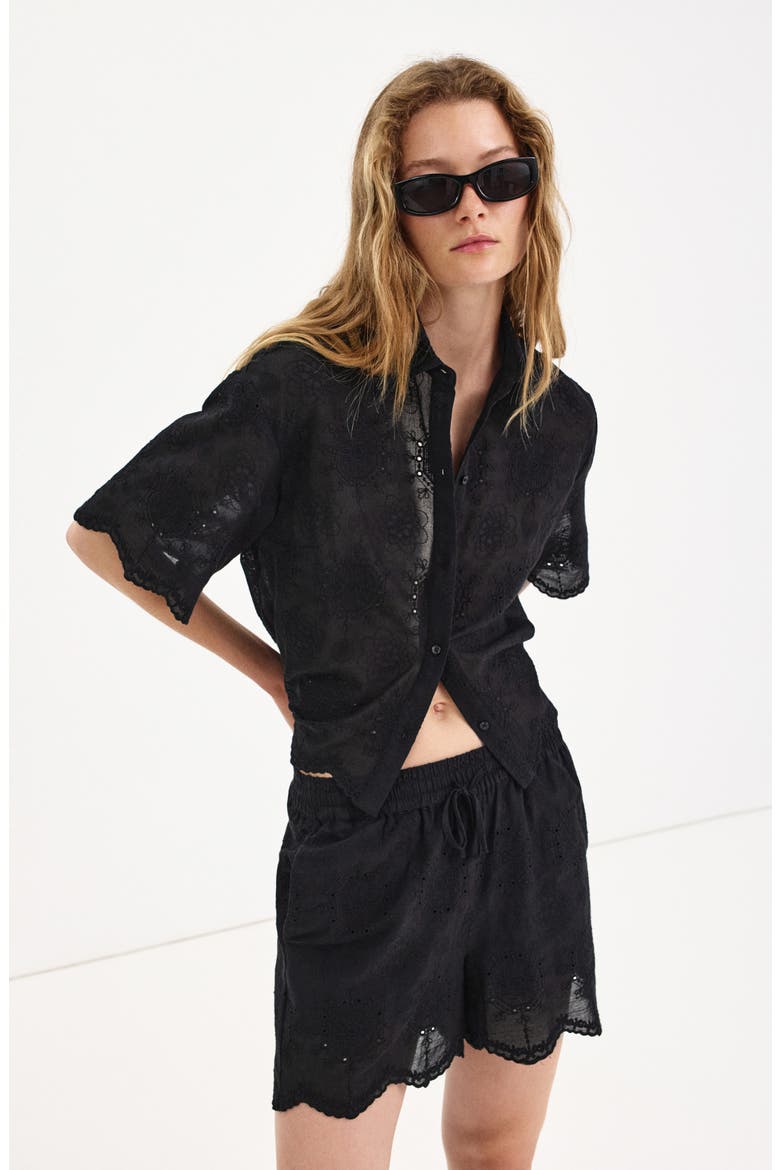 Scalloped Eyelet Cotton Shorts, Alternate, color, BLACK