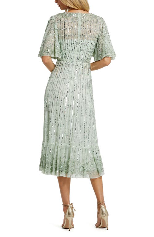 Mac Duggal Sequin Flounce Sleeve Tulle Cocktail Dress In Sage