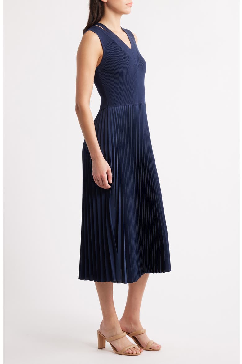 Farrah Slit Shoulder Mixed Media Midi Dress, Alternate, color, CLEAN NAVY
