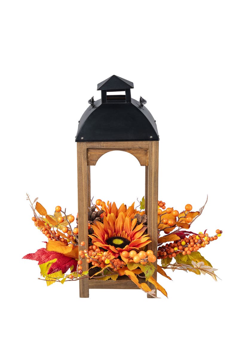 Fall Sunflower Pinecone and Berry Wood Lantern Centerpiece, Alternate, color, Orange