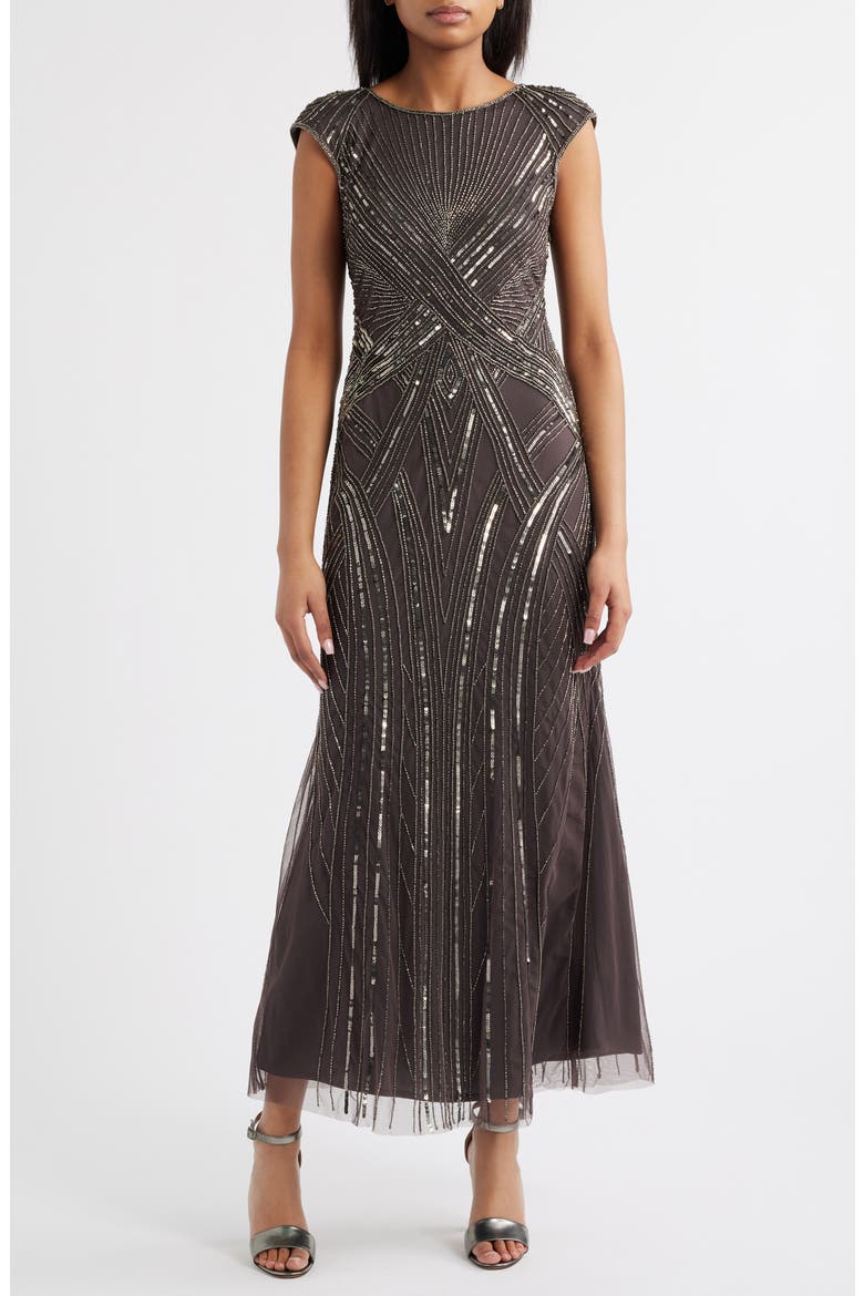 Embellished Cap Sleeve Gown, Main, color, ASH