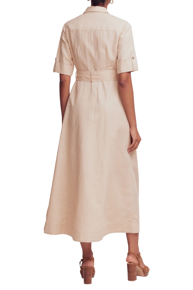 tan linen shirt dress Beige Linen Cotton Midi Shirt Dress with Vintage Belted Swing Silhouette