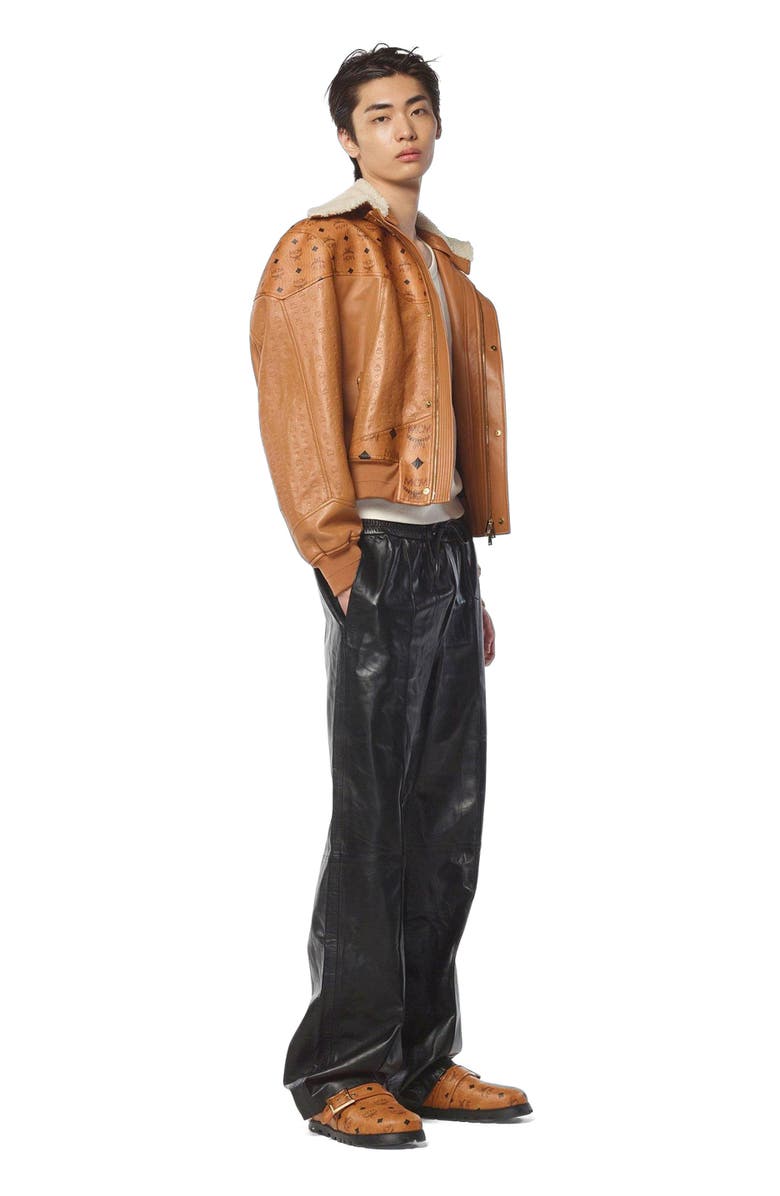 MCM Shearling Bomber Jacket in Visetos Leather Mix, Alternate, color, Cognac