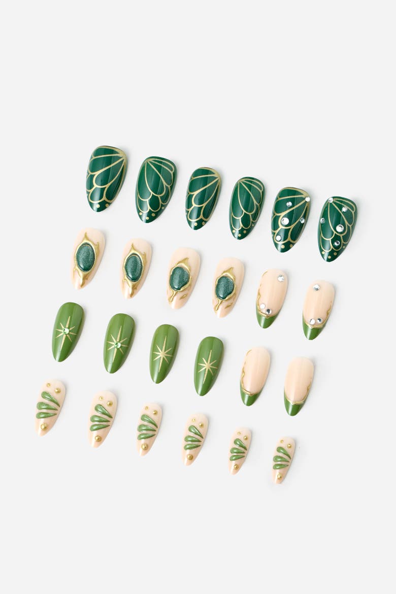 Green Butterfly Almond Press On Nails, Alternate, color, Green
