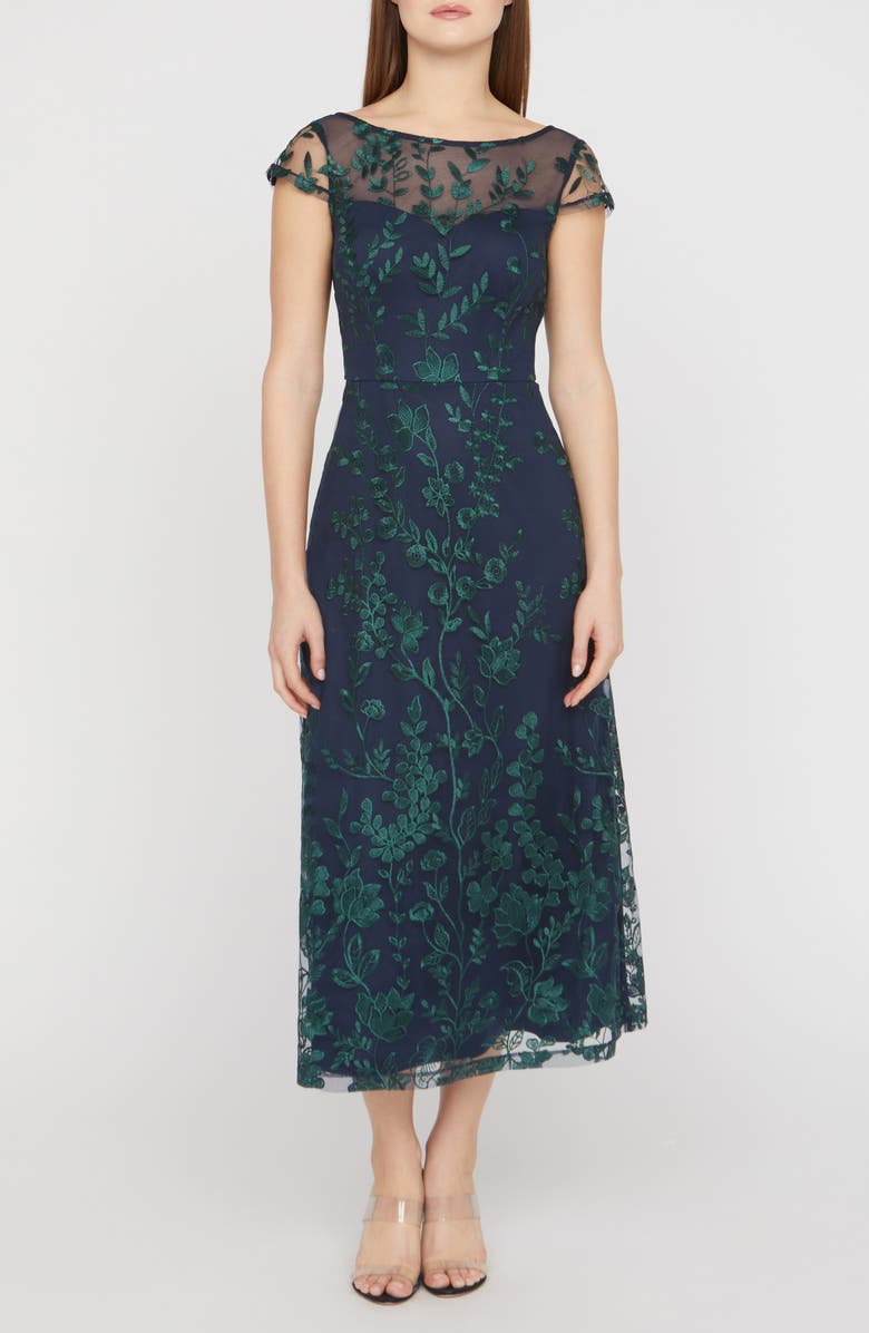 JS Collections Meredith Floral Embroidery A-Line Dress, Main, color, Navy/ Green