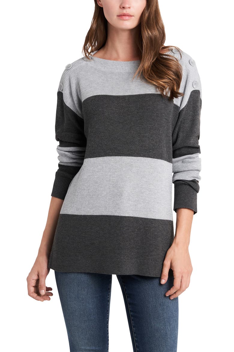 Button Shoulder Stripe Sweater, Main, color, MED HEATHER GREY