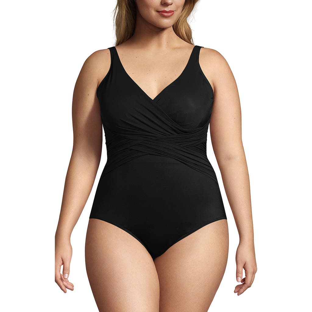 Lands' End Plus Size Dd-cup Slender Tummy Control Chlorine Resistant Wrap One Piece Swimsuit In Black