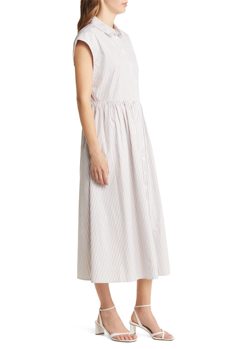 Drop Waist Button Front Cotton Midi Dress, Alternate, color, WHITE- TAN SAMBA STRIPE
