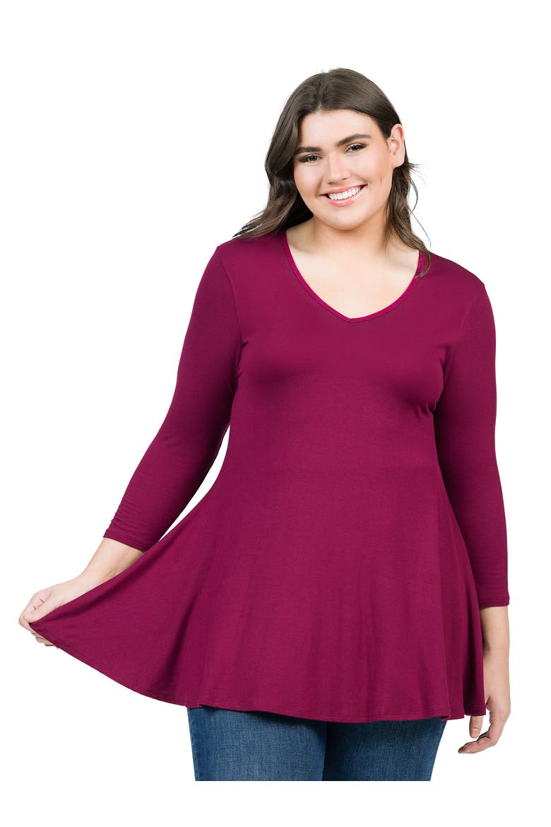 Plus Size Three Quarter Sleeve V Neck Tunic Top, Main, color, Wine