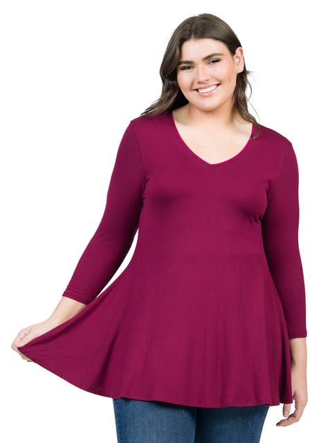 Plus Size Three Quarter Sleeve V Neck Tunic Top