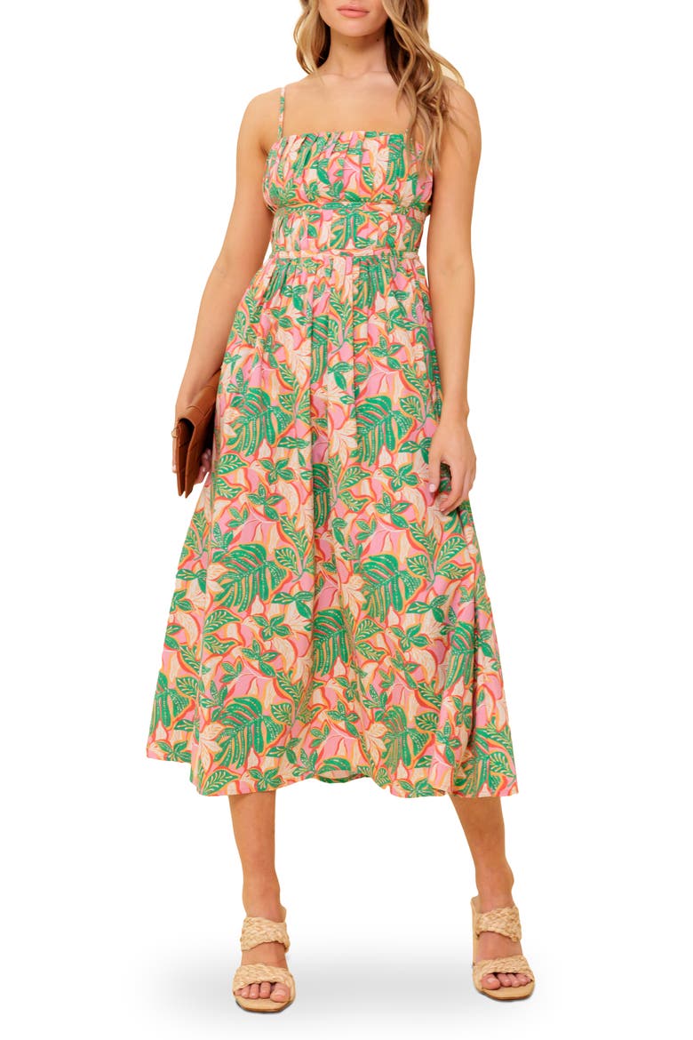 Pleated Fit & Flare Midi Dress, Main, color, PINK GREEN