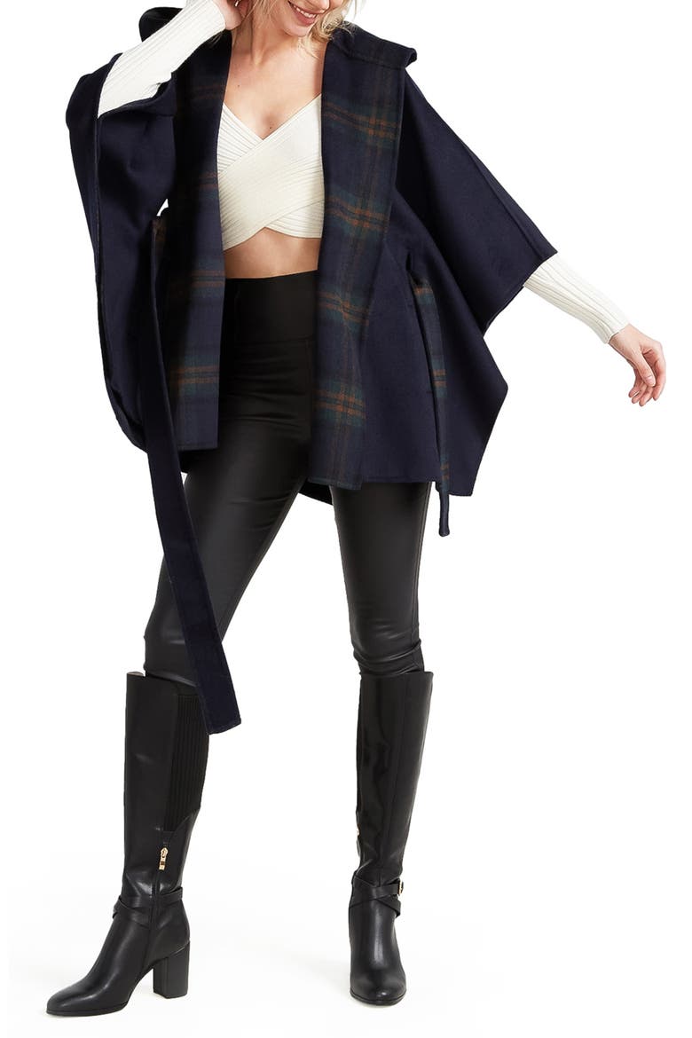 Jackson Landing Plaid Wool Blend Cape, Alternate, color, FRENCH NAVY